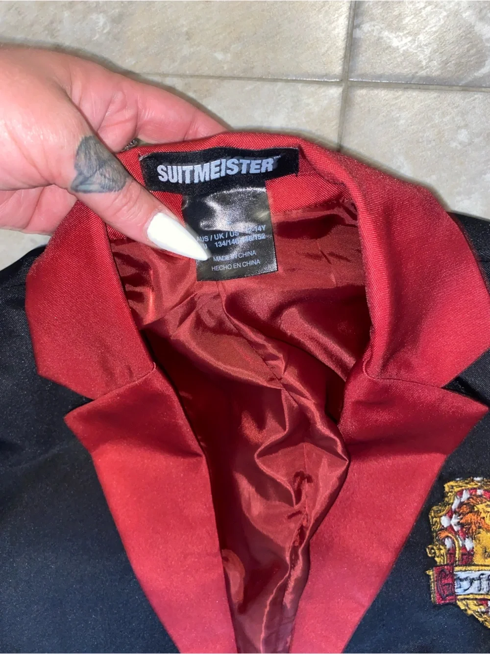 Black Gryffindor-Inspired Suit costume with Red Accents and Striped Tie